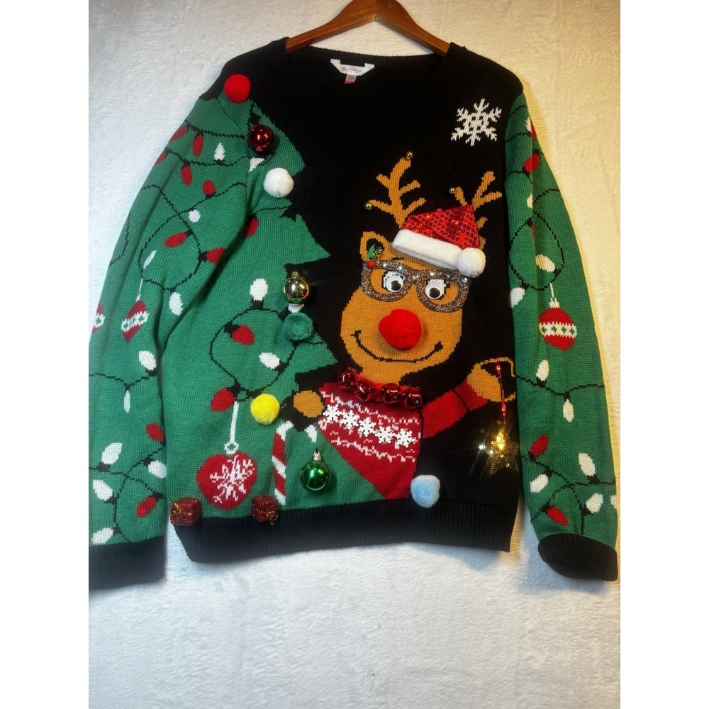 No Boundaries Ugly Christmas Sweater 3XL‎ Bells Rudolph Reindeer With Glasses